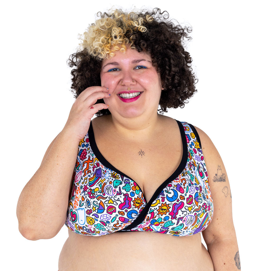 Close up of Sofaya wearing a Doodles non wired bra